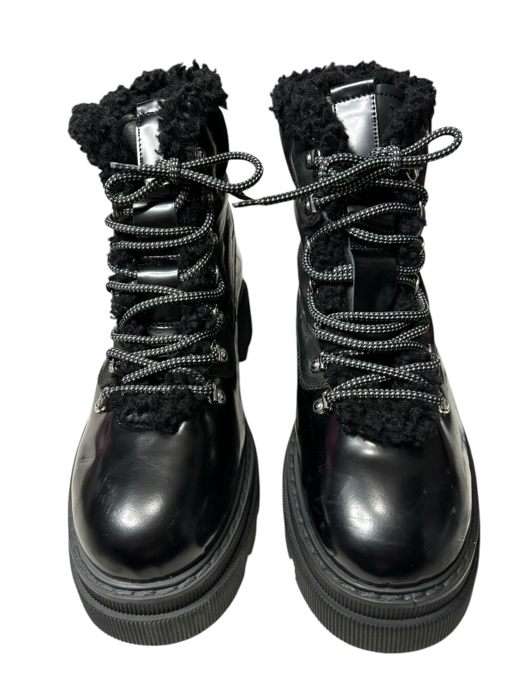 Black Combat Boots Voile Blanche Shearling Fleece Lug Sole Size 39